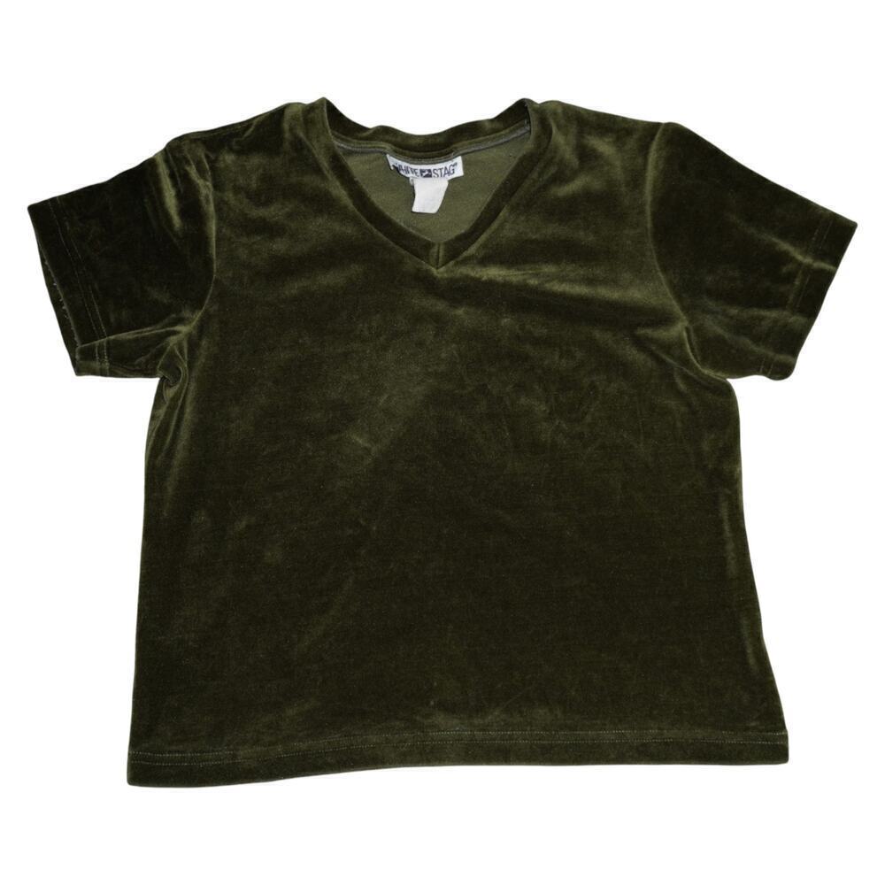 Vintage White Stag Olive Green Velvet V-Neck Short Sleeve Top Women’s M/L